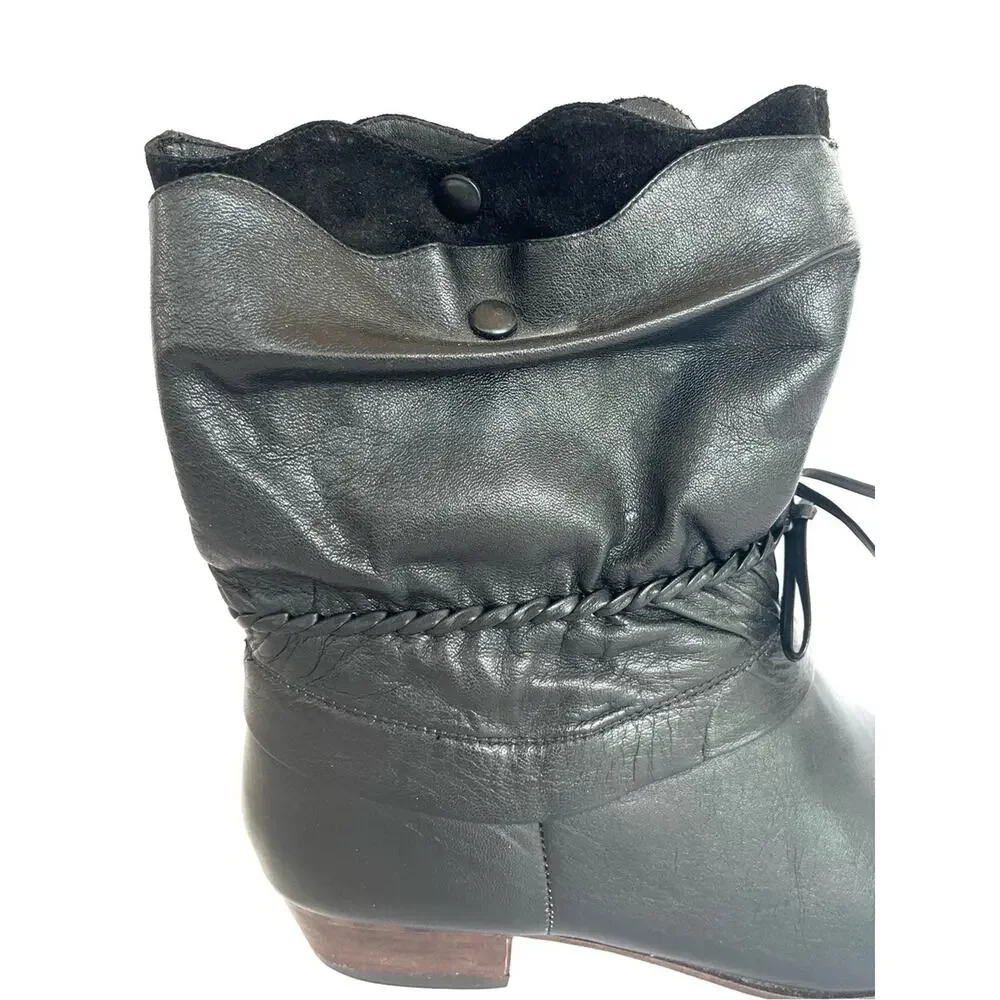 Women's Black Leather Slouch Ankle Booties with Braided Tie